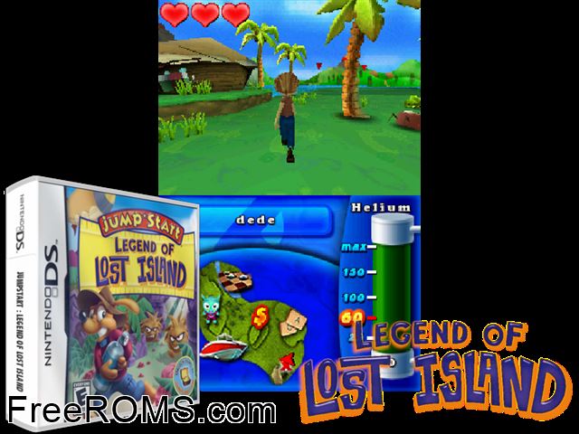 JumpStart Legend of Lost Island NDS game showing 3D box cover and gameplay screenshot
