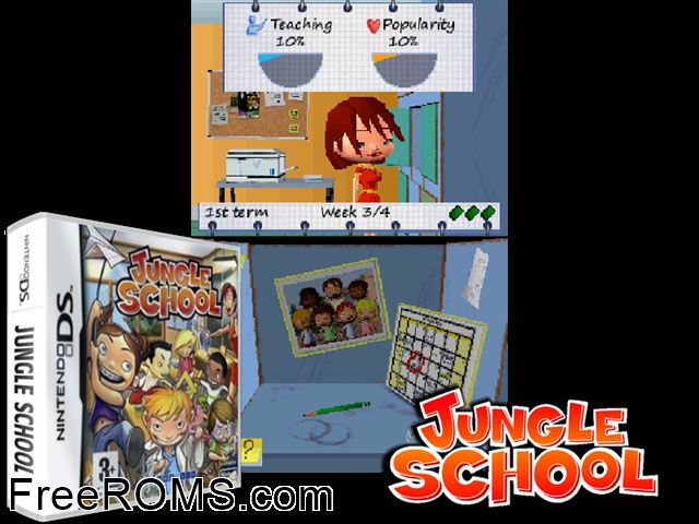 Jungle School Europe NDS game showing 3D box cover and gameplay screenshot