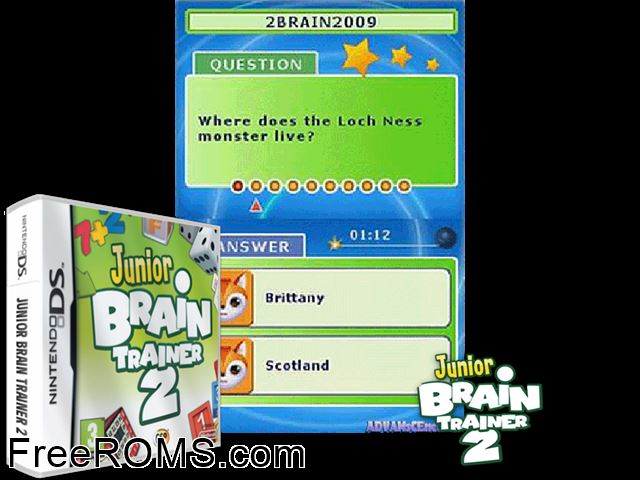 Junior Brain Trainer 2 NDS game showing 3D box cover and gameplay screenshot