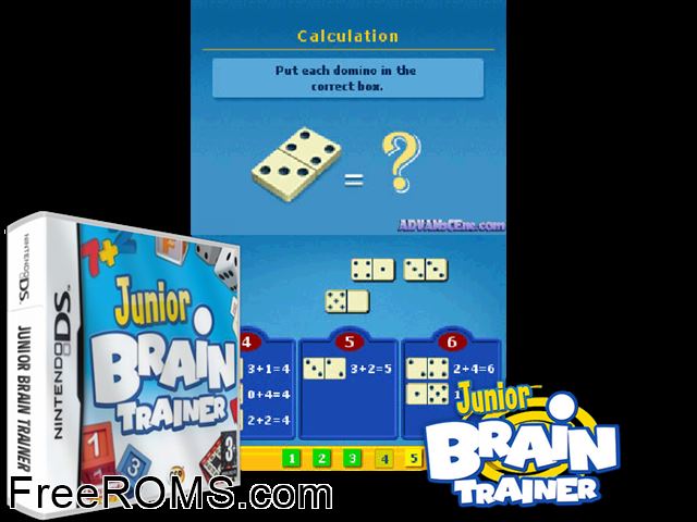 Junior Brain Trainer Europe NDS game showing 3D box cover and gameplay screenshot