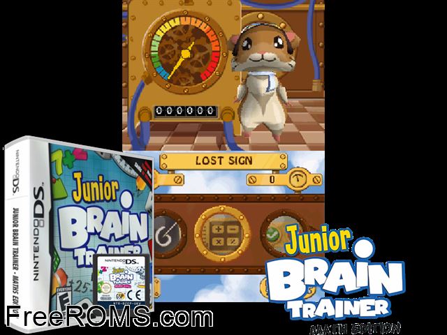 Junior Brain Trainer Math Edition NDS game showing 3D box cover and gameplay screenshot