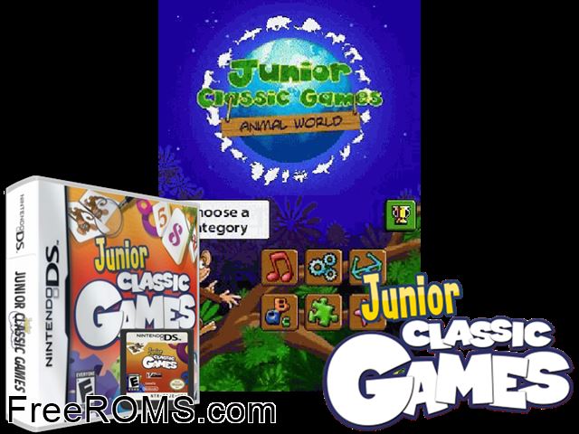 Junior Classic Games - Animal World Europe NDS game showing 3D box cover and gameplay screenshot