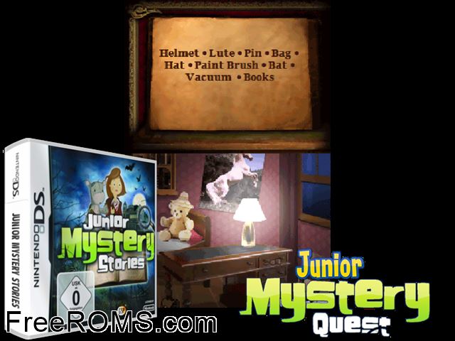 Junior Mystery Quest NDS game showing 3D box cover and gameplay screenshot