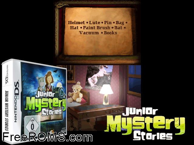 Junior Mystery Stories Europe NDS game showing 3D box cover and gameplay screenshot