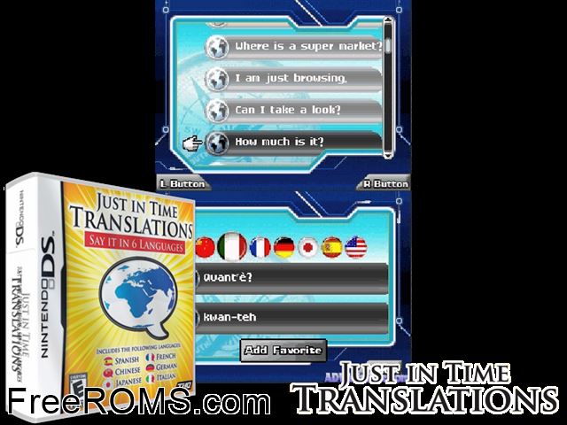 Just in Time Translations NDS game showing 3D box cover and gameplay screenshot