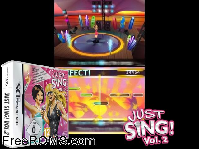 Just Sing! Vol. 2 Europe NDS game showing 3D box cover and gameplay screenshot