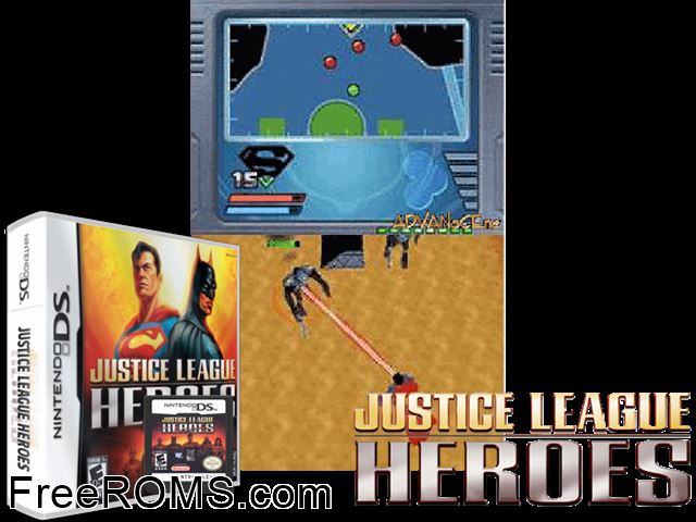 Justice League Heroes Europe NDS game showing 3D box cover and gameplay screenshot