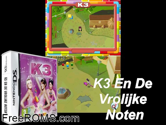 K3 en de Vrolijke Noten Netherlands NDS game showing 3D box cover and gameplay screenshot
