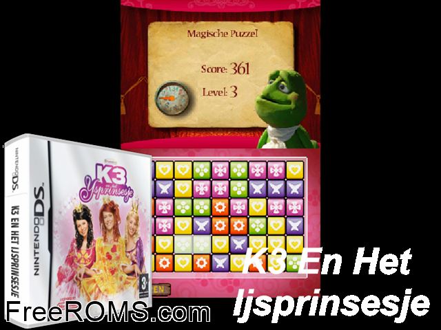 K3 en het Ijsprinsesje Netherlands NDS game showing 3D box cover and gameplay screenshot