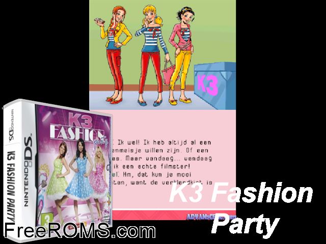 K3 Fashion Party NDS game showing 3D box cover and gameplay screenshot