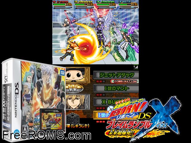 Katekyoo Hitman Reborn DS Flame Rumble XX - Kessen Real 6 Chouka Japan NDS game showing 3D box cover and gameplay screenshot
