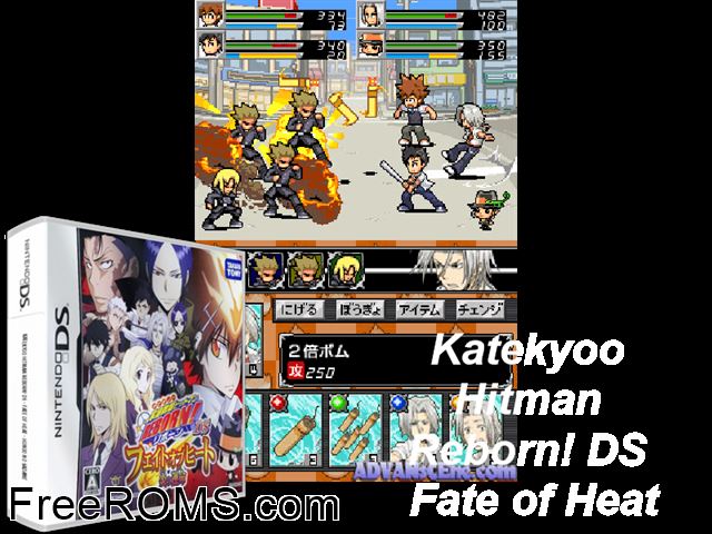 Katekyou Hitman Reborn! DS - Fate of Heat - Honoo no Sadame Japan NDS game showing 3D box cover and gameplay screenshot