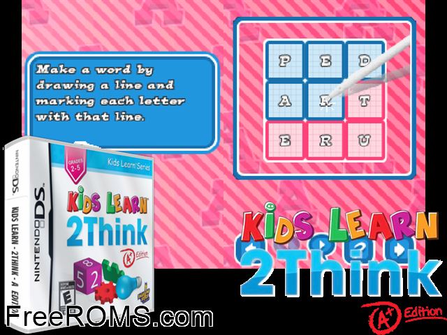 Kids Learn 2 Think A+ Edition NDS game showing 3D box cover and gameplay screenshot