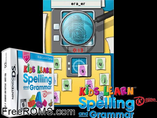 Kids Learn Spelling and Grammar A+ Edition NDS game showing 3D box cover and gameplay screenshot