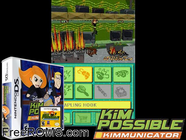 Kim Possible - Kimmunicator NDS game showing 3D box cover and gameplay screenshot