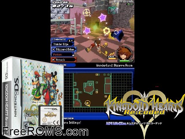 Kingdom Hearts - Re-Coded Europe NDS game showing 3D box cover and gameplay screenshot