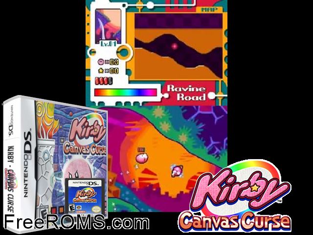 Kirby Canvas Curse NDS game showing 3D box cover and gameplay screenshot