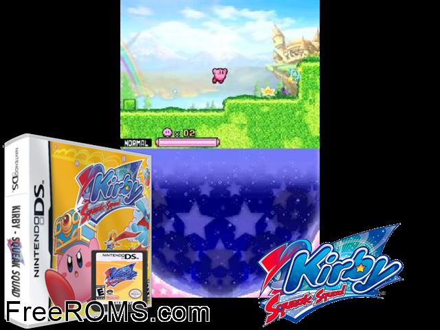 Kirby Squeak Squad NDS game showing 3D box cover and gameplay screenshot