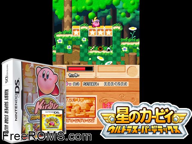 Kirby Super Star Ultra NDS game showing 3D box cover and gameplay screenshot