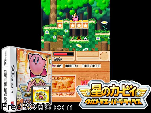 Kirby Ultra Super Deluxe NDS game showing 3D box cover and gameplay screenshot