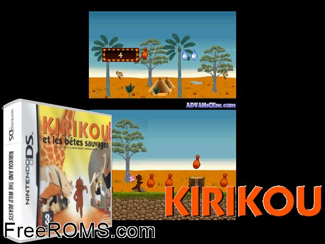 Kirikou and the Wild Beasts Europe NDS game showing 3D box cover and gameplay screenshot