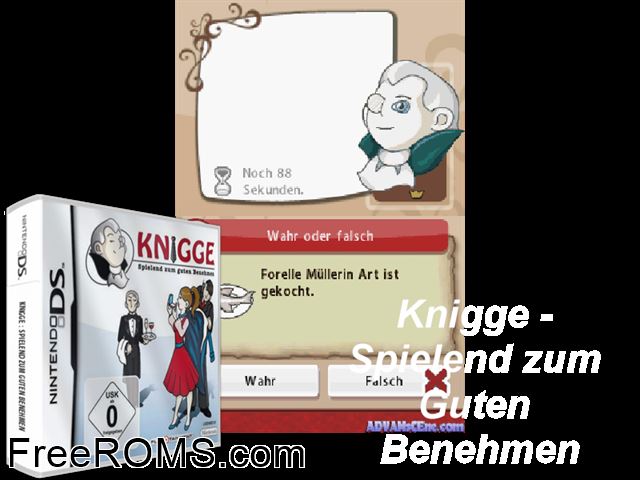 Knigge - Spielend zum Guten Benehmen Germany NDS game showing 3D box cover and gameplay screenshot