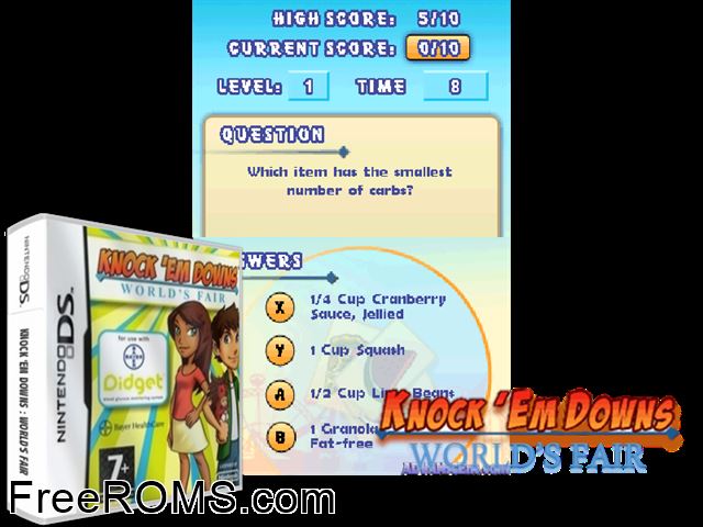 Knock Em Downs Worlds Fair Europe NDS game showing 3D box cover and gameplay screenshot