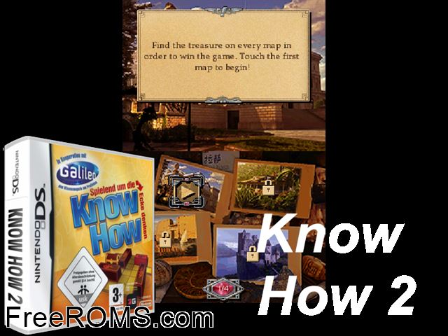 Know How 2 Europe NDS game showing 3D box cover and gameplay screenshot