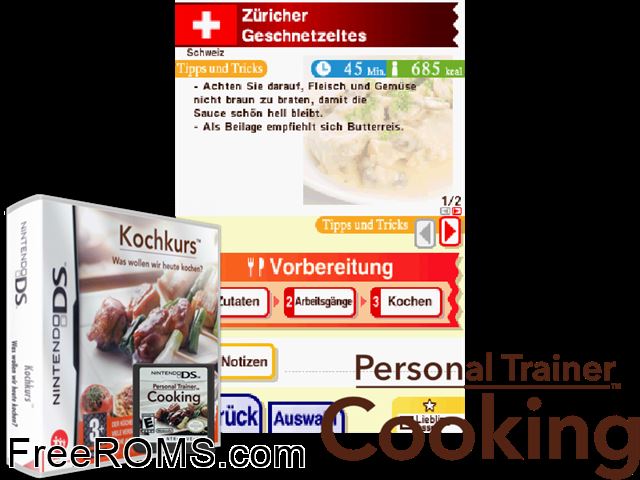 Kochkurs - Was Wollen Wir Heute Kochen Germany NDS game showing 3D box cover and gameplay screenshot