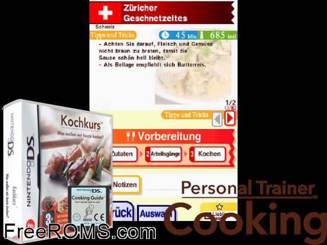 Kochkurs Was Wollen Wir Heute Kochen v1.1 Europe NDS game showing 3D box cover and gameplay screenshot