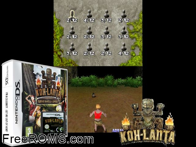 Koh-Lanta - Survie dans la Jungle! France NDS game showing 3D box cover and gameplay screenshot