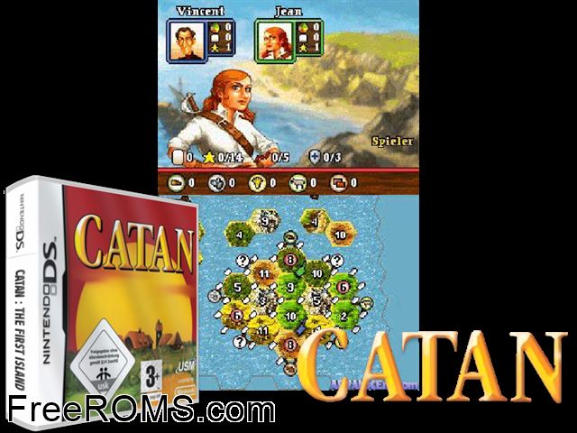 Kolonisten van Catan De Netherlands NDS game showing 3D box cover and gameplay screenshot