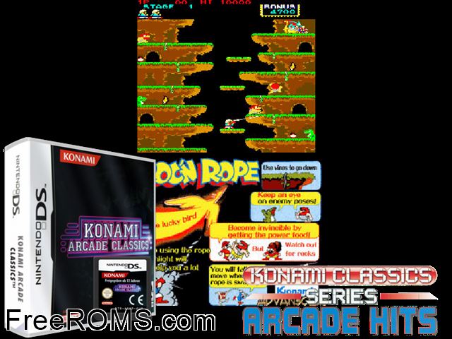 Konami Classics Series - Arcade Hits Europe NDS game showing 3D box cover and gameplay screenshot