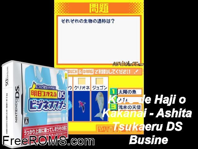 Korede Haji wo Kakanai - Ashita Tsukaeru DS Business Manner Japan NDS game showing 3D box cover and gameplay screenshot