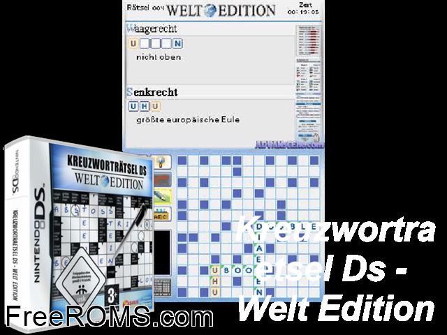 Kreuzwortraetsel DS - Welt Edition Germany NDS game showing 3D box cover and gameplay screenshot