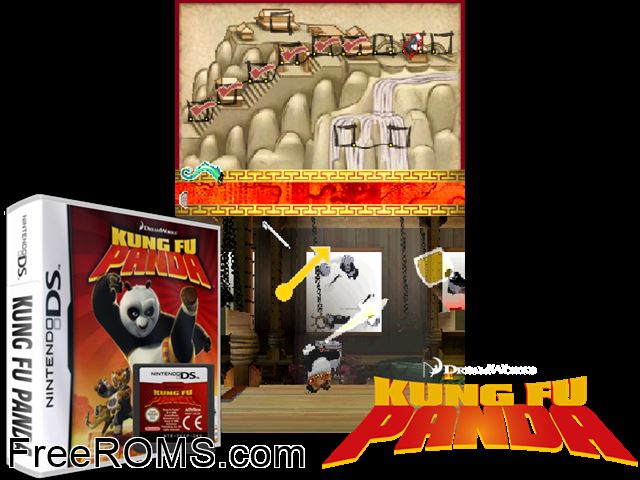 Kung Fu Panda Europe NDS game showing 3D box cover and gameplay screenshot