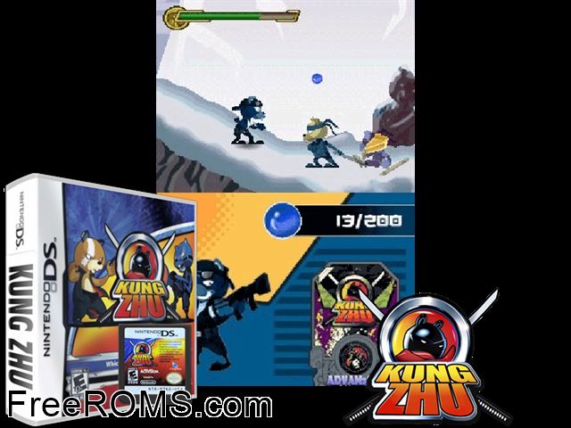 Kung Zhu NDS game showing 3D box cover and gameplay screenshot