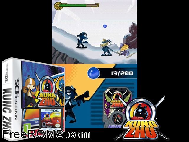 Kung Zhu Europe NDS game showing 3D box cover and gameplay screenshot