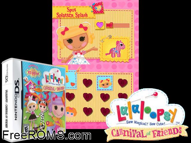 Lalaloopsy Carnival of Friends NDS game showing 3D box cover and gameplay screenshot