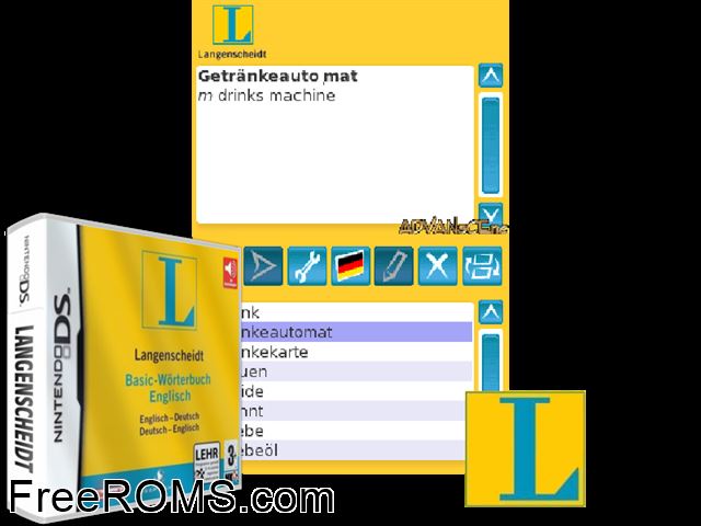 Langenscheidt Basic-Worterbuch Englisch Europe NDS game showing 3D box cover and gameplay screenshot
