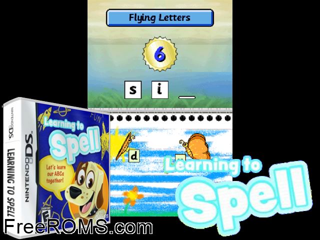 Learning to Spell NDS game showing 3D box cover and gameplay screenshot