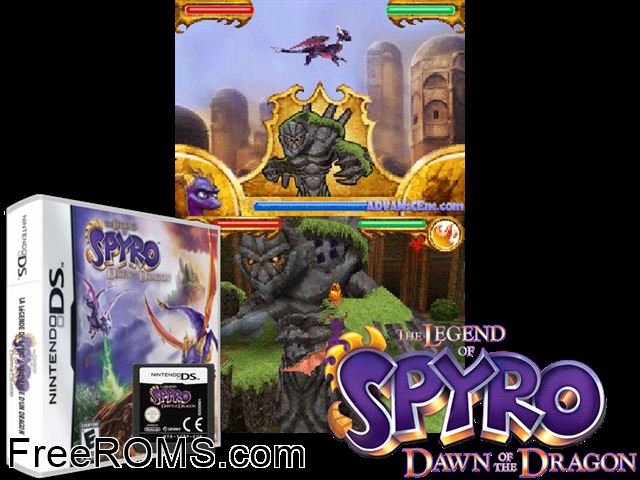 Legend of Spyro - Dawn of the Dragon, The NDS game showing 3D box cover and gameplay screenshot