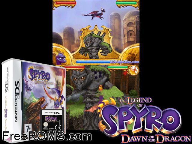 Legend of Spyro - Dawn of the Dragon, The Europe NDS game showing 3D box cover and gameplay screenshot