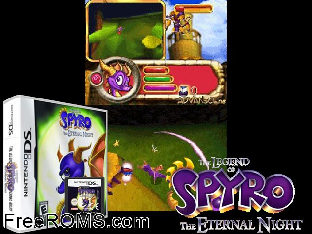 Legend of Spyro - The Eternal Night, The NDS game showing 3D box cover and gameplay screenshot