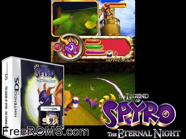 Legend of Spyro - The Eternal Night, The Europe NDS game showing 3D box cover and gameplay screenshot