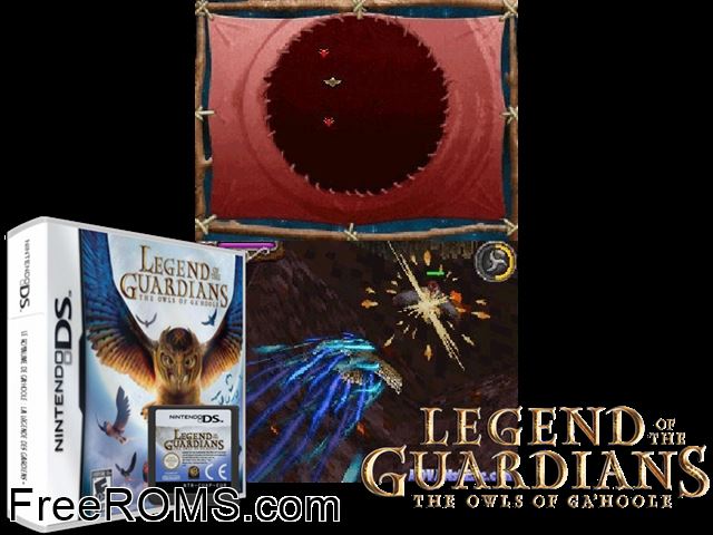 Legend of the Guardians - The Owls of GaHoole NDS game showing 3D box cover and gameplay screenshot