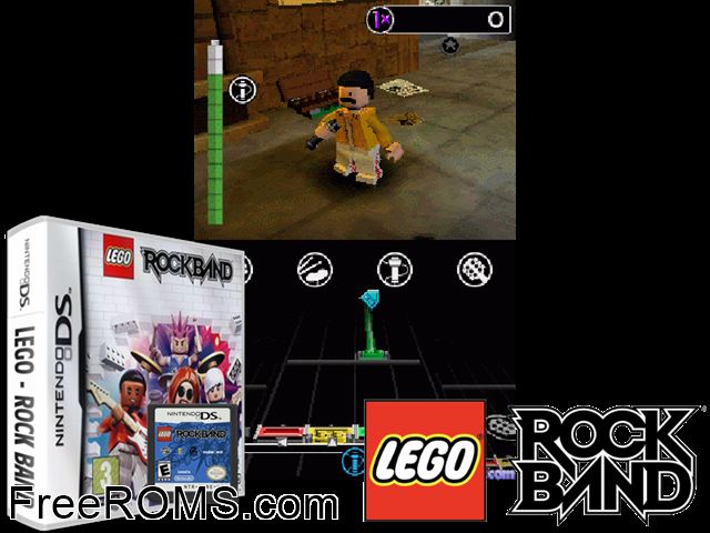 LEGO - Rock Band Europe NDS game showing 3D box cover and gameplay screenshot