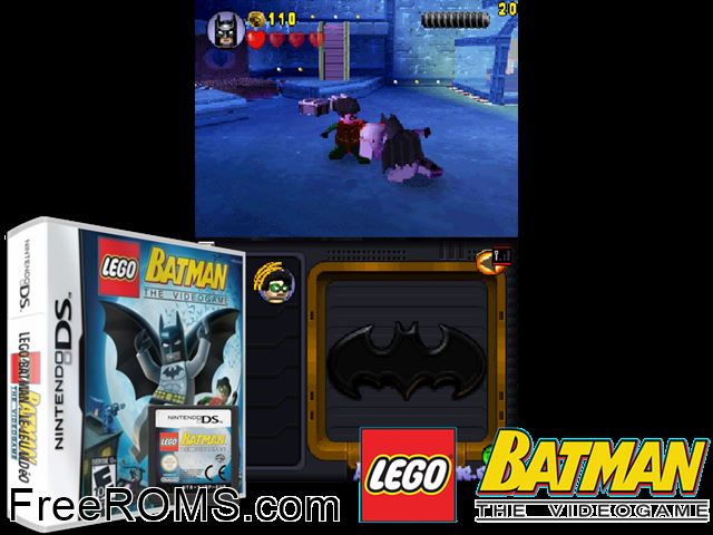LEGO Batman - The Videogame NDS game showing 3D box cover and gameplay screenshot