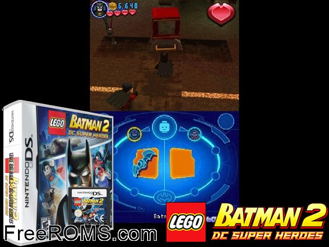 LEGO Batman 2 - DC Super Heroes NDS game showing 3D box cover and gameplay screenshot