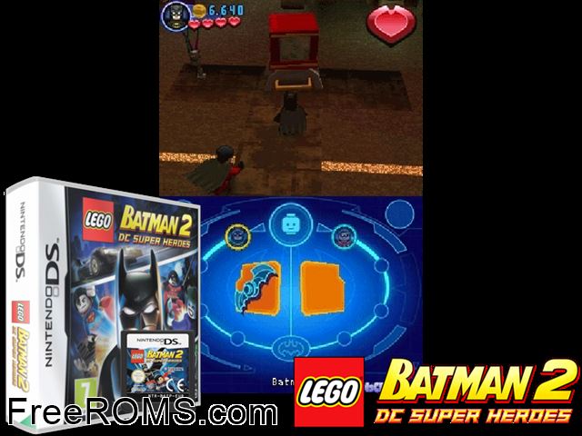 LEGO Batman 2 - DC Super Heroes Europe NDS game showing 3D box cover and gameplay screenshot